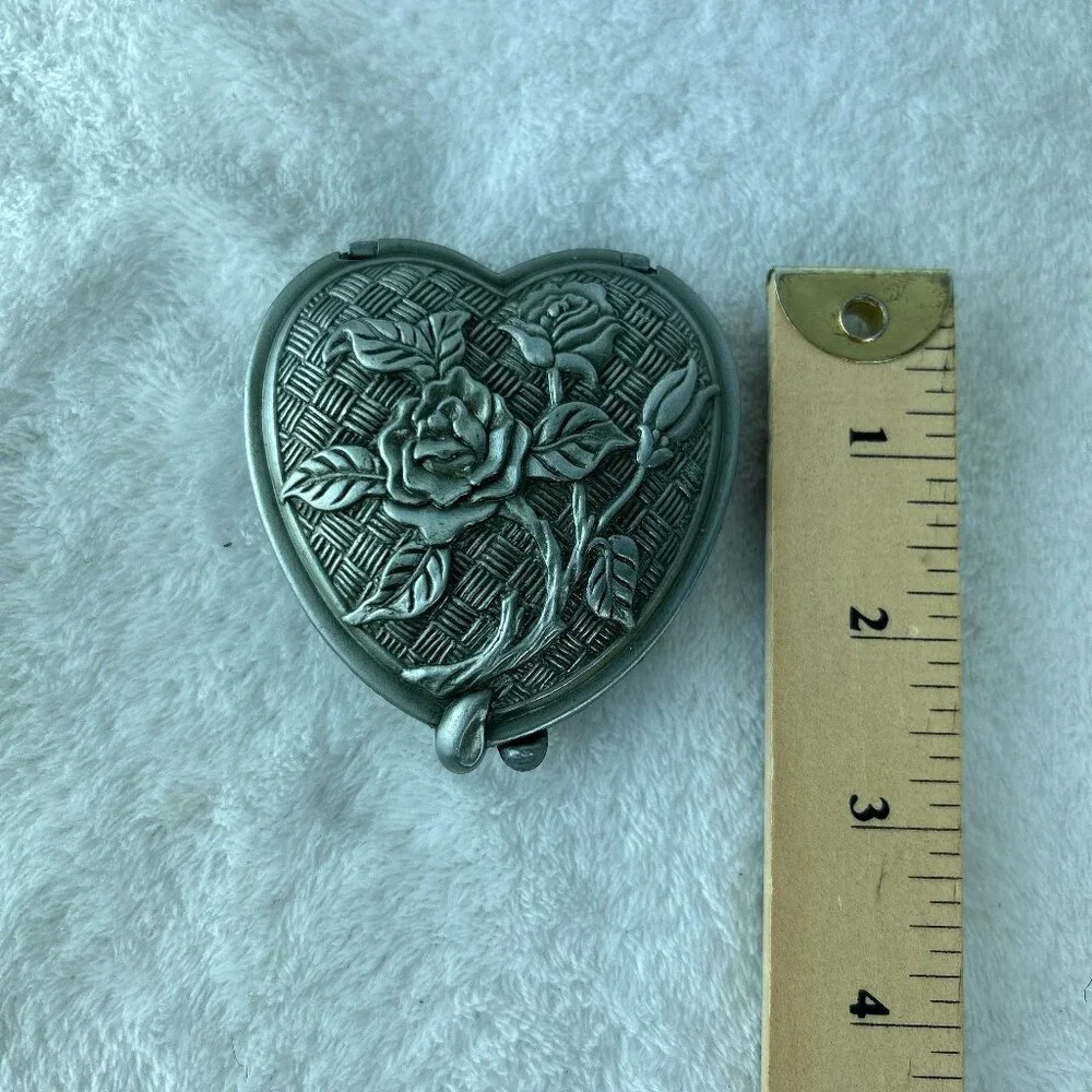 Compact Heart shaped Mirror box Antique Silver Tone Metal